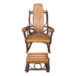 Late 20th Century Handcrafted Rustic Hickory Twig Rocking Chair With Matching Footstool Adirondack Lodge Style For Sale