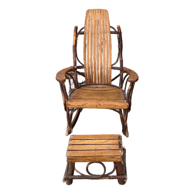 Late 20th Century Handcrafted Rustic Hickory Twig Rocking Chair With Matching Footstool Adirondack Lodge Style For Sale