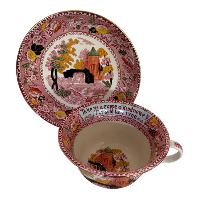 Mid 19th Century Hand Painted Staffordshire Oversized Cup and Saucer For Sale