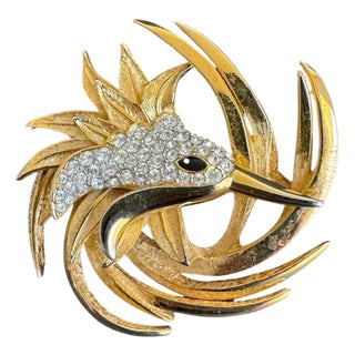 Vintage Bird of Paradise Brooch Attributed to Marcel Boucher Gold Tone Rhinestone Phoenix Pin For Sale