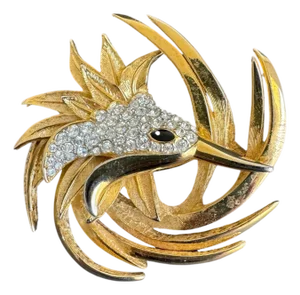 Vintage Bird of Paradise Brooch Attributed to Marcel Boucher Gold Tone Rhinestone Phoenix Pin