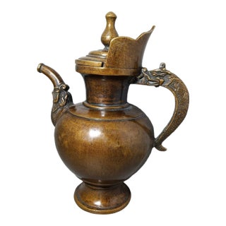 Vintage Chinese Brass Dragon-Handled Ewer / Teapot, 10" Tall For Sale