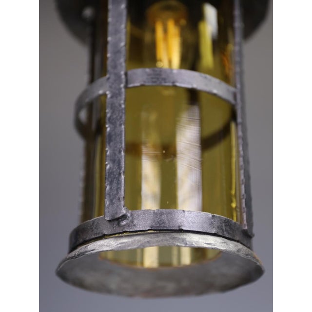Antique Arts and Crafts Wrought Iron and Hand-Blown Amber Glass Pendant Lantern, 1890 For Sale - Image 6 of 11