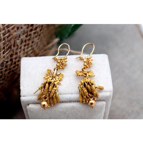 Metal Gold Earrings with Pendant Reliefs, Set of 2 For Sale - Image 7 of 7