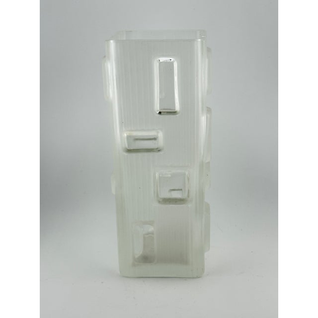 Vintage MCM OP Art square glass vase in a brutalist style featuring a frosted finish accentuated with clear geometric...