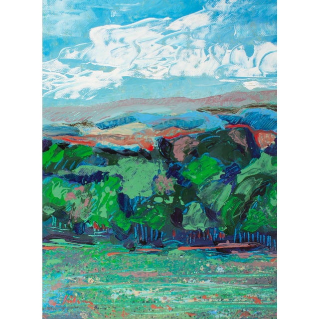 A 1980s abstract acrylic painting on paper by the American artist Harry Hilson (1935-2004). This piece features an...