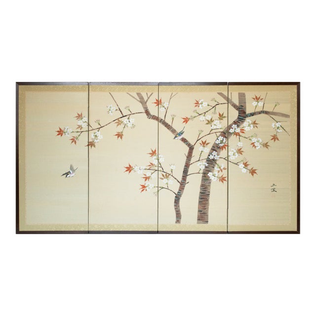 1960s "Blue and White Flycatchers and Blossoming Plum Tree", Showa Japanese Byobu Screen For Sale