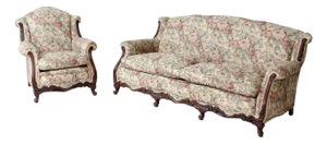 Antique French Provincial Floral Sofa and Armchair Set