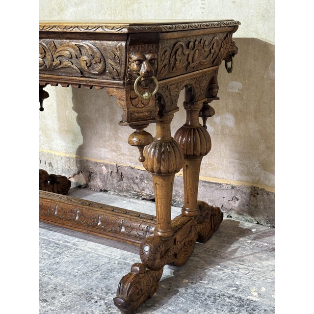 Carved Oak Dolphin and Lion Library Table For Sale - Image 6 of 10