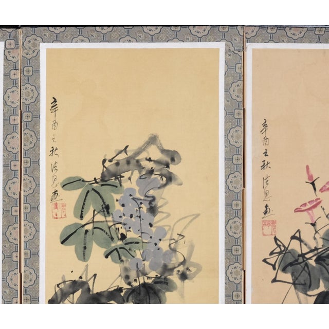 Wood 1970s Chinese Byobu "Traditional Floral Vignettes" on This 4-Panel Folding Screen Very Good Front Panels and Very Good + Back Panels For Sale - Image 7 of 10