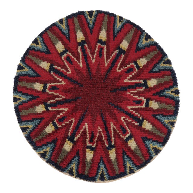 Vintage Swedish Rya Circle Rug in Red and Blue Geometric Pattern - Rug & Kilim For Sale
