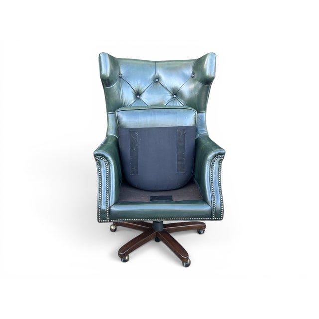 Wood 1960s English Traditional Distressed Green Leather Wingback Executive Swivel Chair For Sale - Image 7 of 12
