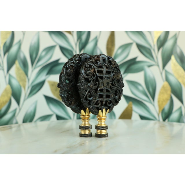 Chinese Chinese Archaic Style Carved Stone Lamp Finials on Brass Hardware - A Pair For Sale - Image 3 of 8