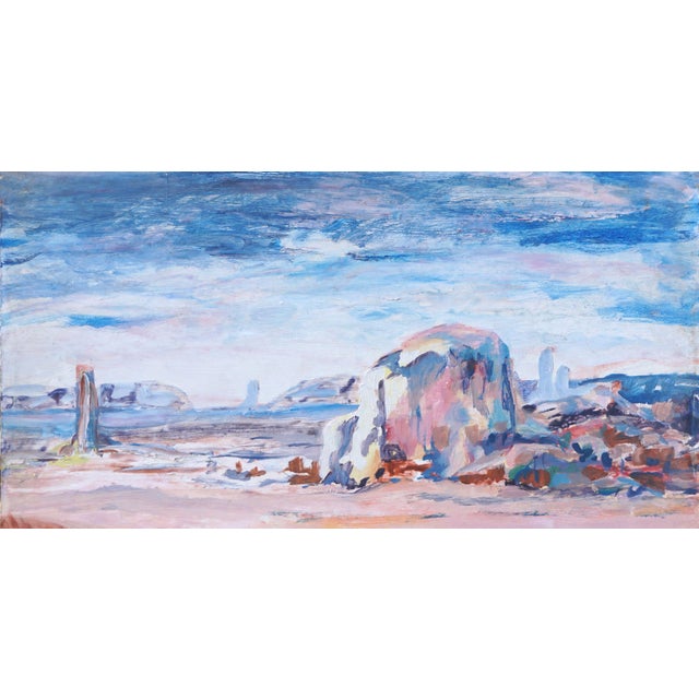 Vivid abstracted landscape of Monument Valley, Utah by N. Mallory (American, 20th Century), circa 1945. Signed lower left...