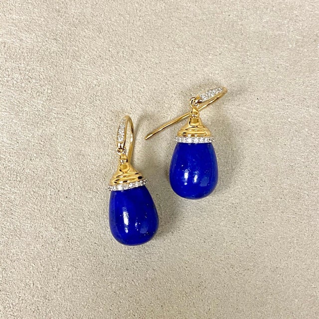 Syna Lapis Lazuli Yellow Gold Drop Earrings with Diamonds, a Pair For Sale - Image 4 of 5