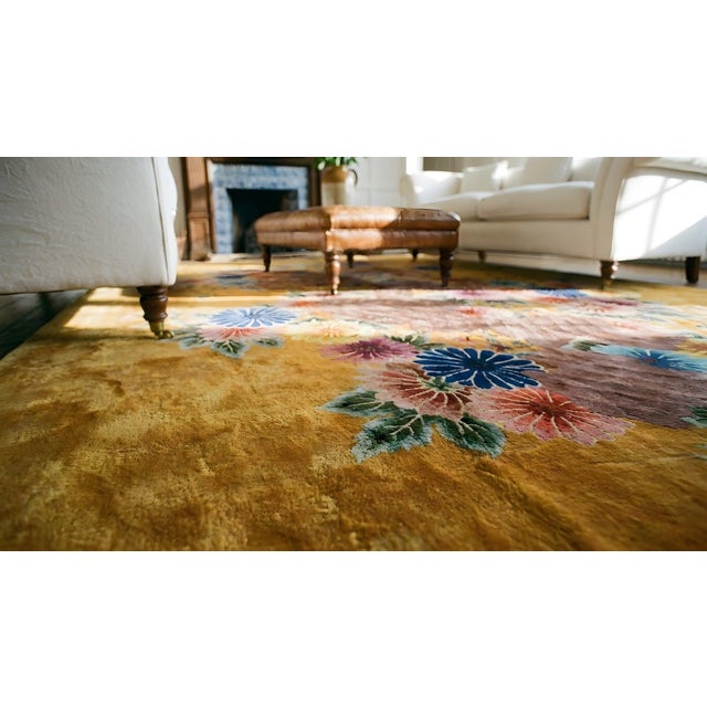 Brilliant Yellow Goldenrod Color With Lovely Flower Design Antique Chinese Art Deco Rug For Sale - Image 10 of 11