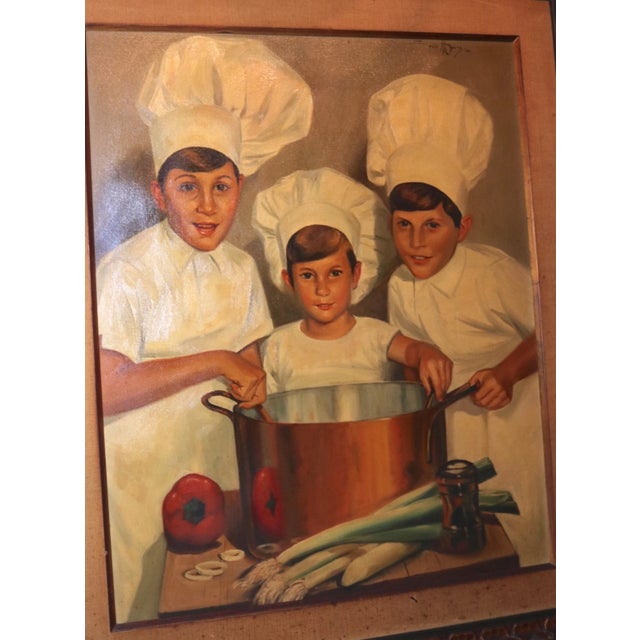 Realism Large Vintage 1965 Ted Weiss Chef Children Cooking Culinary Canvas Oil Painting For Sale - Image 3 of 12