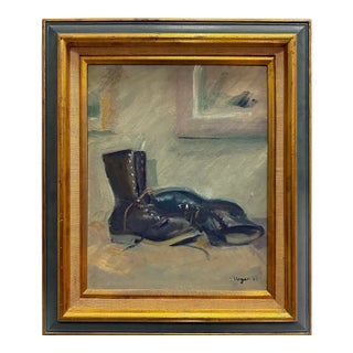 1963 Oil Painting on Board of a Pair of Boots Signed Unger For Sale