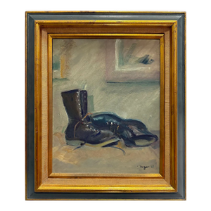 1963 Oil Painting on Board of a Pair of Boots Signed Unger