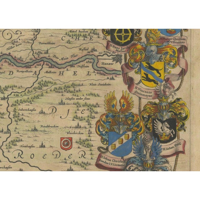17th Century Engraved Map of Frankfurt with Decorative Coats of Arms from Blaeus, 1663 For Sale - Image 5 of 10