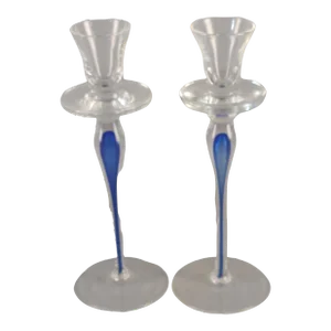Pair of Late 20th Century Crystal Glass Controlled Blue Bubble Hand Blown Candlestick Holders