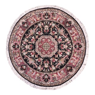 Art Nouveau 1990's Medallion Pak-Persian Black/Pink Wool Round Rug- 5'11'' X 6'2'' For Sale