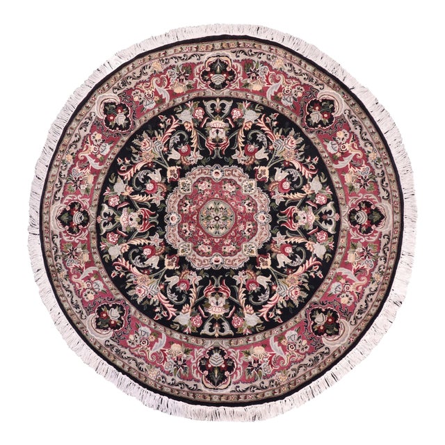 Art Nouveau 1990's Medallion Pak-Persian Black/Pink Wool Round Rug- 5'11'' X 6'2'' For Sale