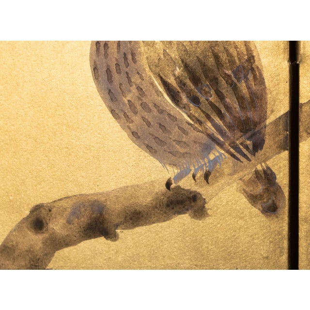 "Owl Family" by Shunko, Late Showa Painted Japanese Byobu Screen For Sale - Image 12 of 18