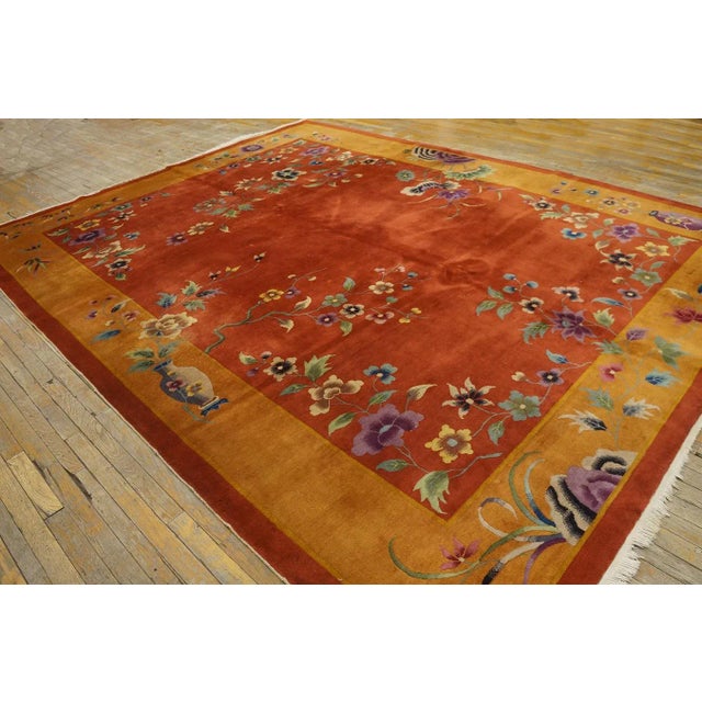 Art Deco 1920s Orange Pumpkin Floral Antique Chinese Art Deco Carpet 9' X 11' 6" Knotted Wool Rug For Sale - Image 3 of 12