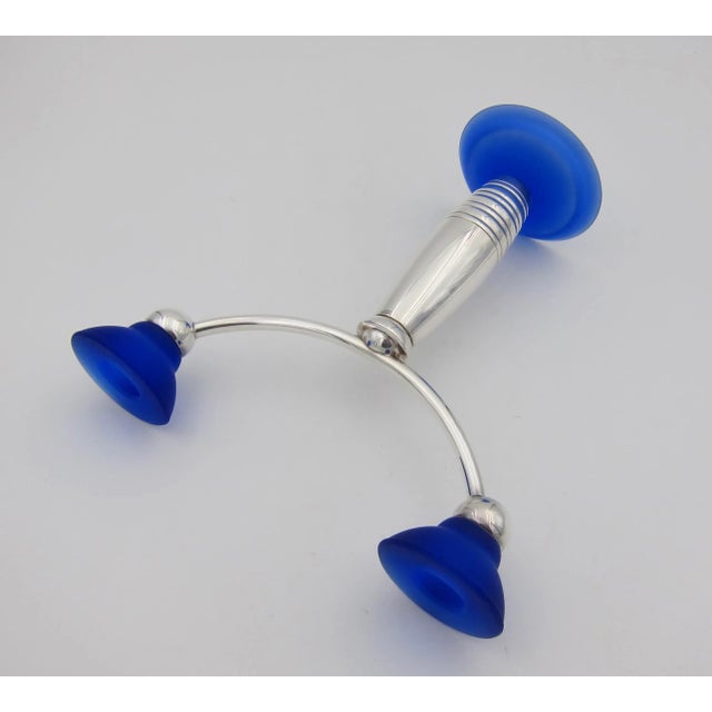 Art Deco Christofle Alexandrie French Modernist Candelabra in Silverplate and Blue Glass For Sale - Image 3 of 10