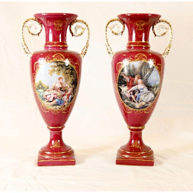 Porcelain Amphora Urns in the style of Sevres, Set of 2 For Sale - Image 4 of 7