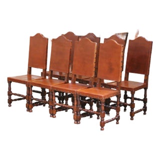 19th Century Spanish Oak Dining Chairs With Leather, Set of 8 For Sale