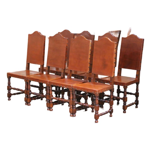 19th Century Spanish Oak Dining Chairs With Leather, Set of 8 For Sale