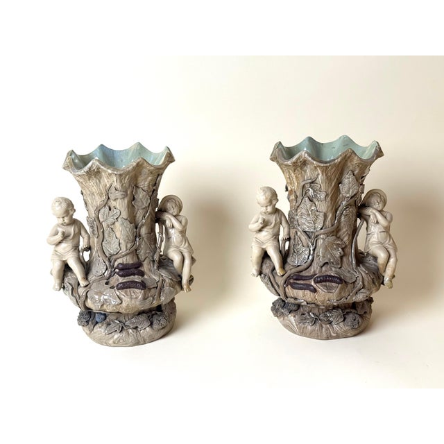 Figural Majolica Tree Trunk Vases by Villeroy & Boch, Germany, 1890, Set of 2 For Sale - Image 4 of 18