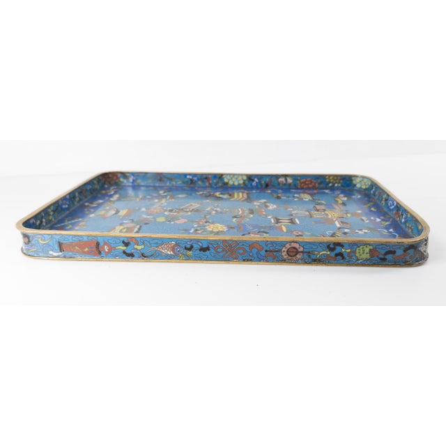 Turquoise 19th Century Chinese Cloisonne Enamel Tray With Scholar's Object Decoration For Sale - Image 8 of 12