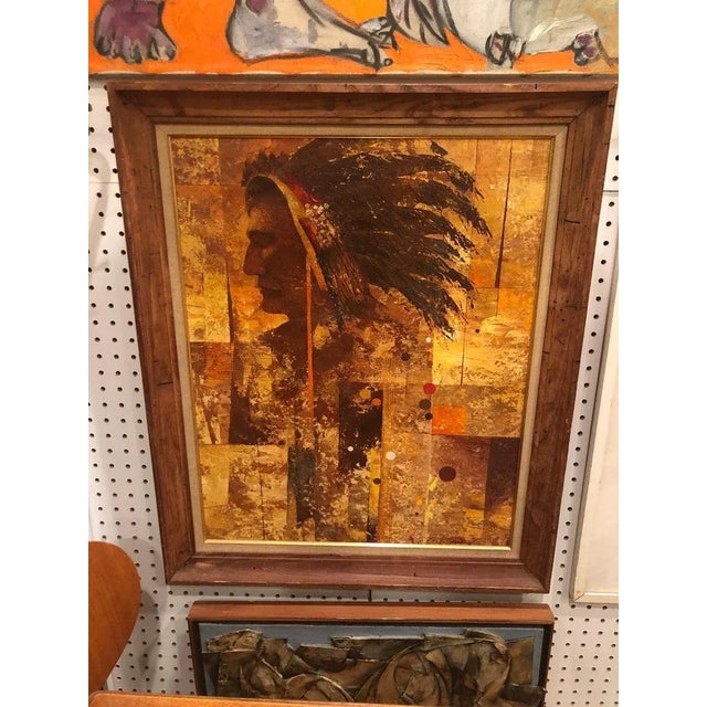 1970s Mid Century Oil on Board of an Indian Warrior For Sale - Image 12 of 13