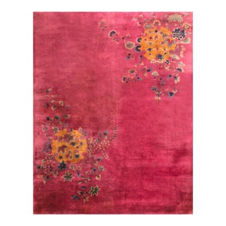 1930s Pink Blush Floral Modern Antique Chinese Art Deco Rug 8' 9" X 11' 4" Handknotted Wool Carpet For Sale