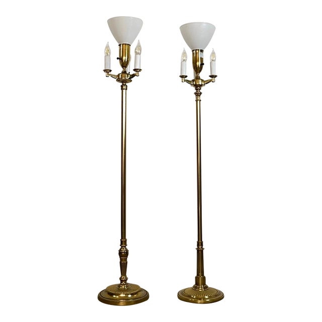1970’s Hollywood Regency Brass Torch Floor Lamps by Stiffel - A Pair For Sale
