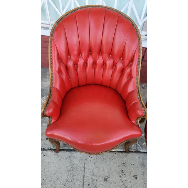 Pair of Vintage Red Tufted Armchairs For Sale - Image 4 of 7