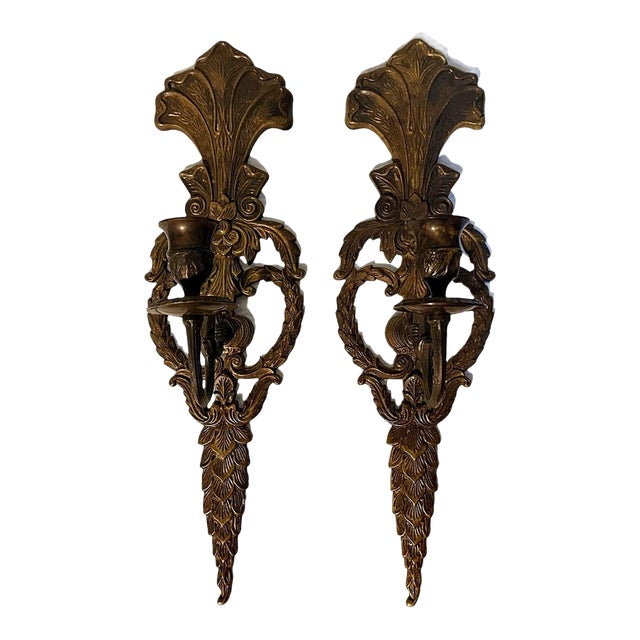 Vintage Bronze Art Nouveau Fleur-De-Lis Lily & Acanthus Leaf Candle Sconces - A Pair For Sale
