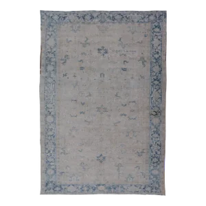 Early 20th Century Antique Persian Heriz Rug With Sub-Geometric Design in Cream and Blue