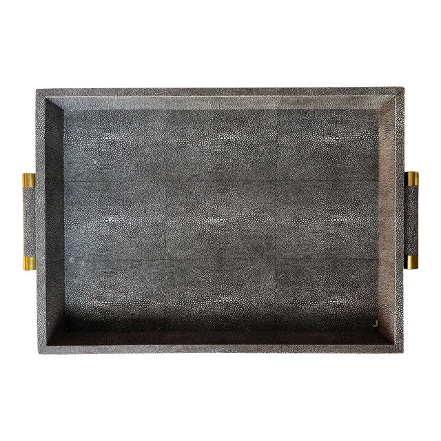 Gray Faux Shagreen 23" Tray-Brass Handles-Aerin For Sale