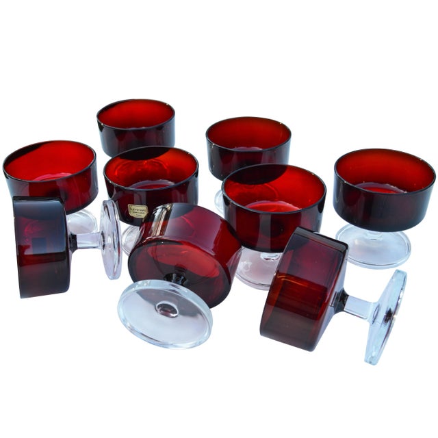 Vintage French Red Crystal Glasses- Set of 9 For Sale - Image 4 of 5
