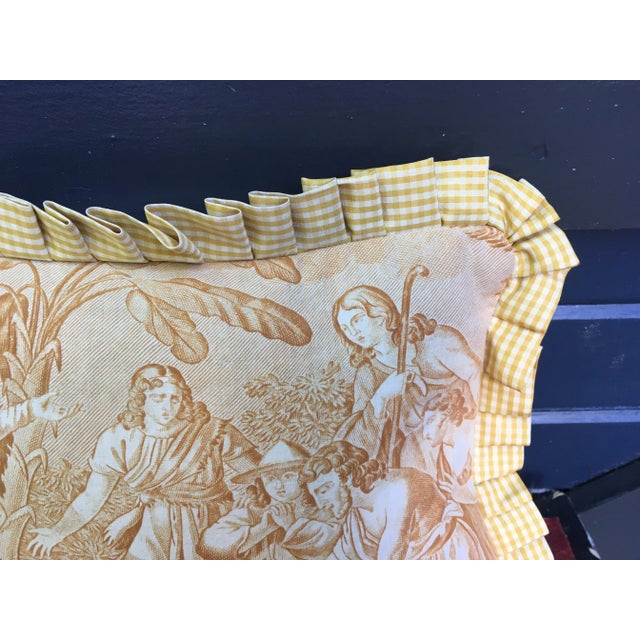 A pillow made from a circa 1880’s scenic toile depicting The Chastity of Joseph. Mary Jane McCarty Collection