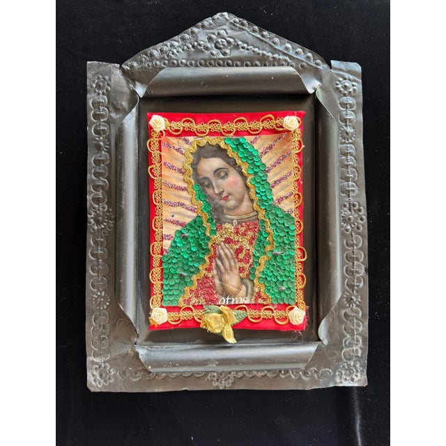 1940s Mexican Devotional Nicho With Black Curled & Pressed Tin Frame For Sale - Image 5 of 5