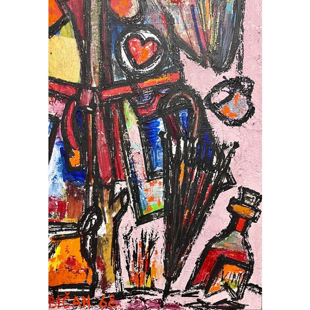 1960s Lazar Obican, Large Naive European Folk Art Oil Painting Lazar Obican French Scarecrow Clown, 1968 For Sale - Image 5 of 9