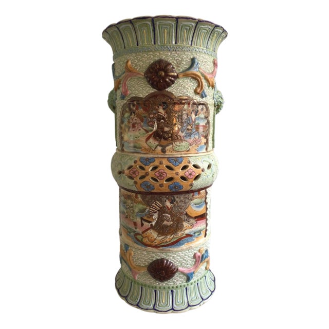 1920s Satsuma Style Ceramic Umbrella Stand With Painted and Raised Motifs For Sale