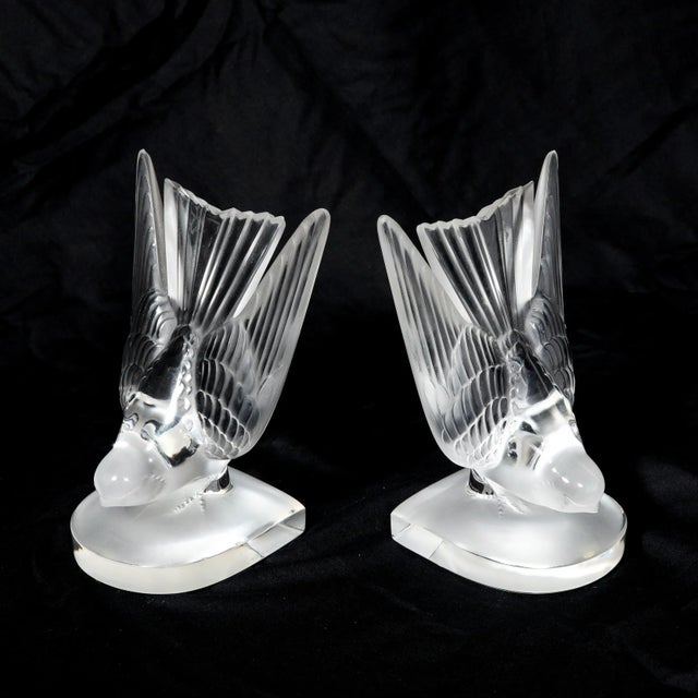 Transparent Art Deco Style 'Swallow' Bookends in Molded and Frosted Crystal Signed Lalique For Sale - Image 8 of 12