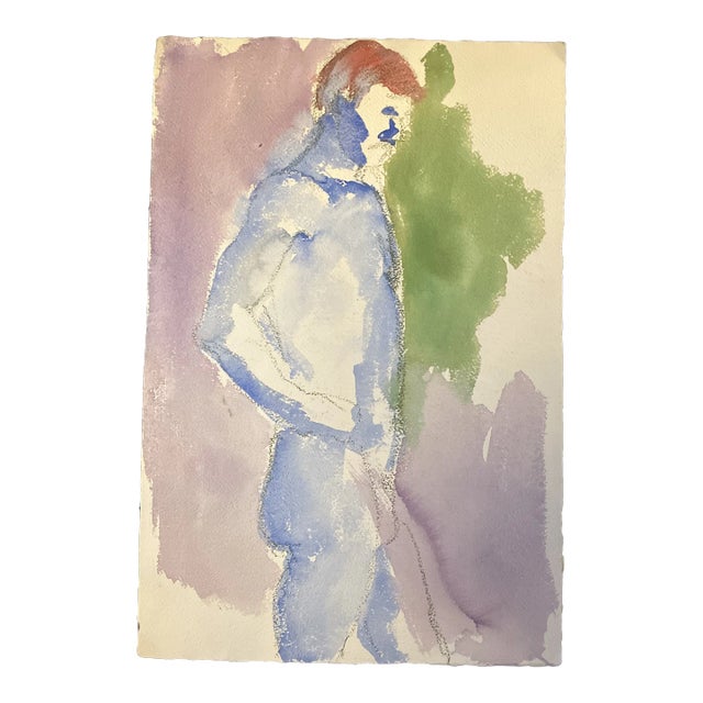 1970’s Vintage Original Male Nude Watercolor Painting Double Sided For Sale