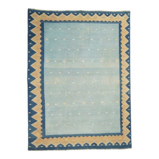 Vintage Dhurrie Rug in Blue With Beige Geometric Patterns | Rug & Kilim For Sale